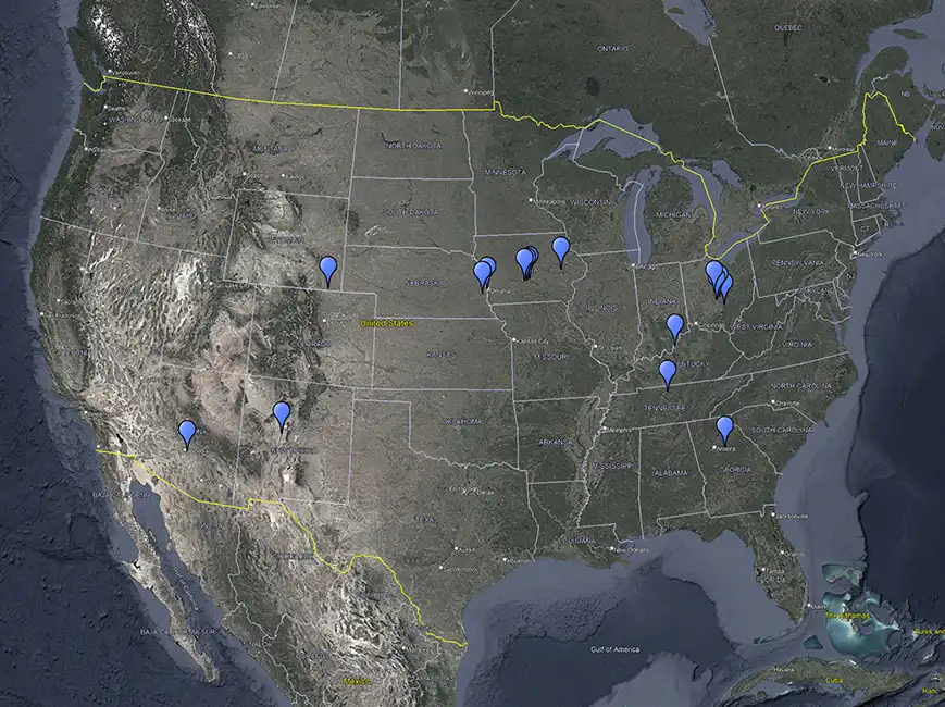 U.S. map with blue location markers showing Shive‑Hattery's Active Hyper-Scale Data Center Sites