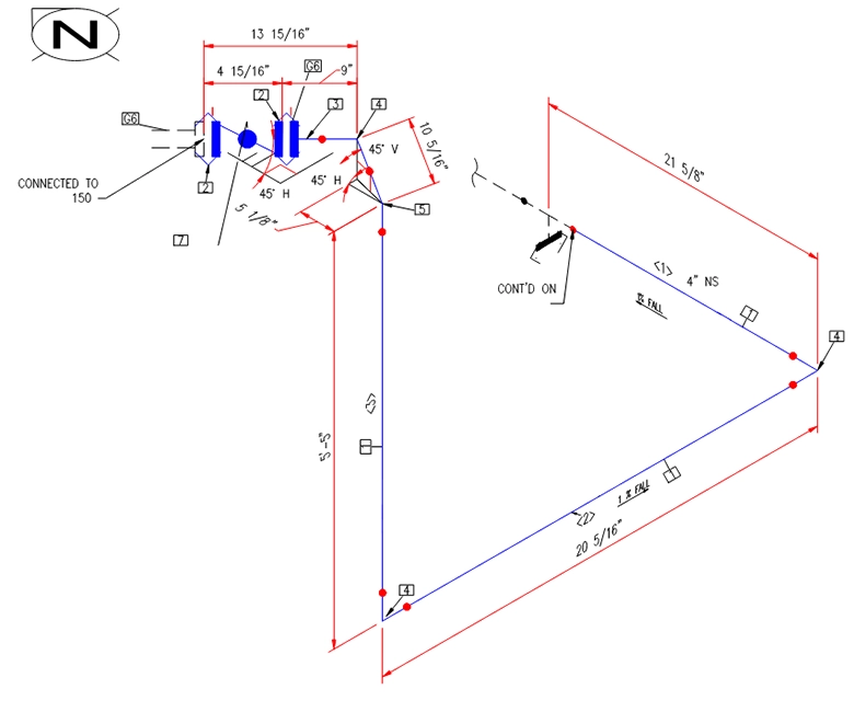 A technical piping spool drawing showing dimensions, pipe routing, and contractor notes for field penetrations.