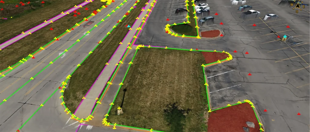 An aerial view of a roadway and parking lot with point‑cloud survey data and colored linework marking edges, lanes, and site features.